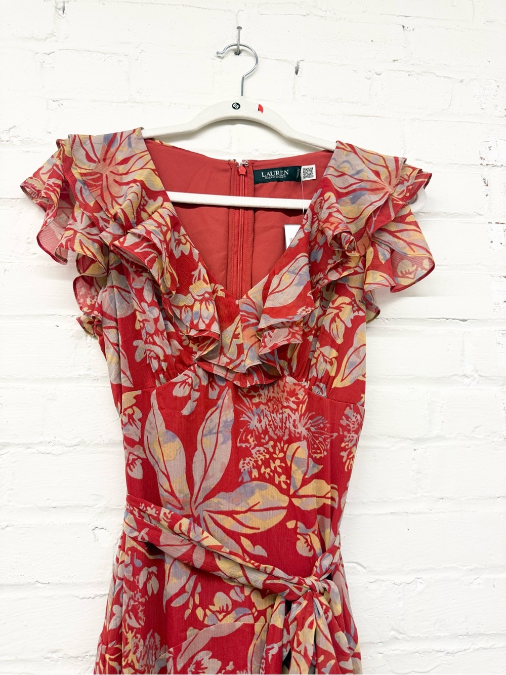 NWT Lauren Ralph Lauren Red Floral Printed Empire-Waist Belted Maxi Dress - Picture 4 of 10